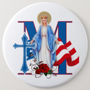 AMERICAN FLAG VIRGIN MARY RELIGIOUS ROSES BUTTON