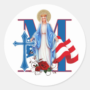 AMERICAN FLAG VIRGIN MARY RELIGIOUS ROSES CLASSIC ROUND STICKER