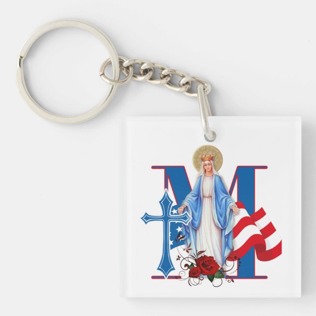 AMERICAN FLAG VIRGIN MARY RELIGIOUS ROSES KEYCHAIN (Front)