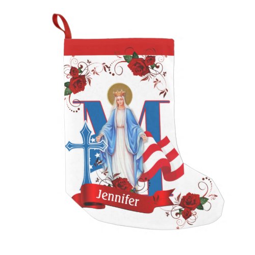 AMERICAN FLAG VIRGIN MARY RELIGIOUS ROSES SMALL CHRISTMAS STOCKING