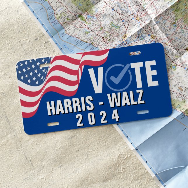 American Flag Vote Harris Walz 2024 Political License Plate (In Situ)