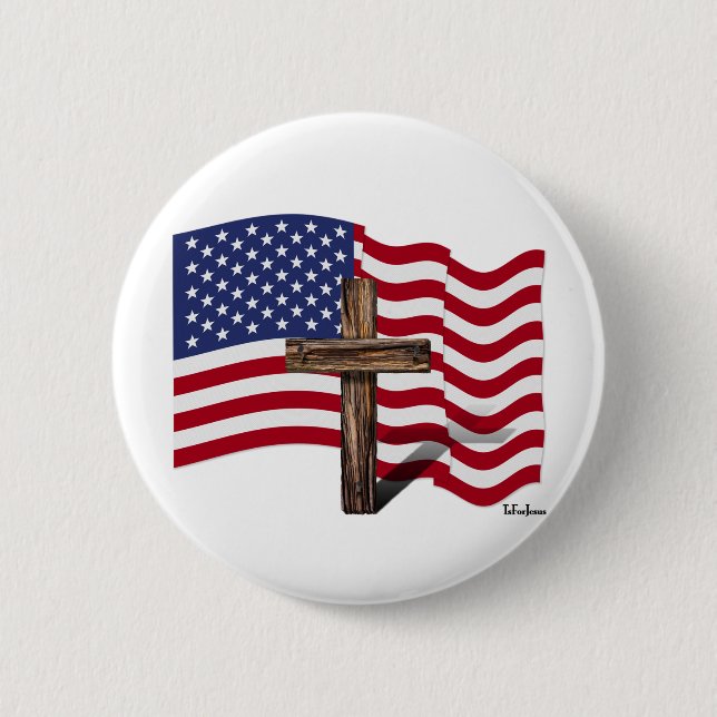 American Flag Waving and Rugged Cross Button (Front)