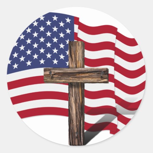 American Flag Waving and Rugged Cross Classic Round Sticker
