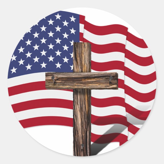 American Flag Waving and Rugged Cross Classic Round Sticker (Front)
