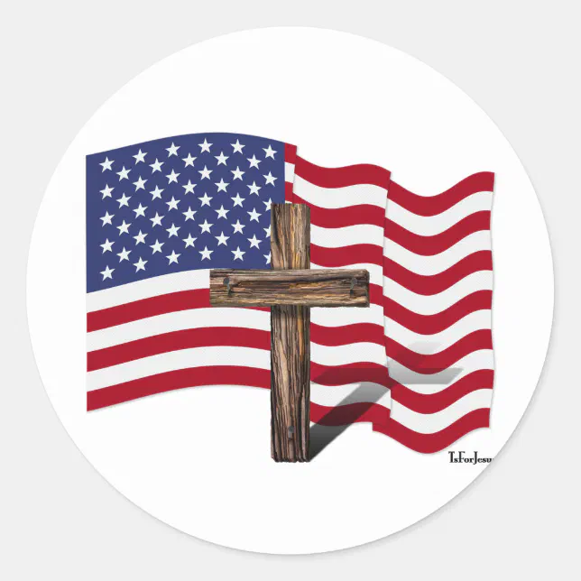 American Flag Waving and Rugged Cross Classic Round Sticker (Front)
