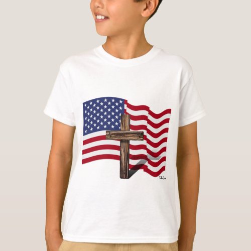 American Flag Waving and Rugged Cross T_Shirt