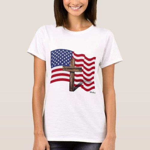 American Flag Waving and Rugged Cross T_Shirt
