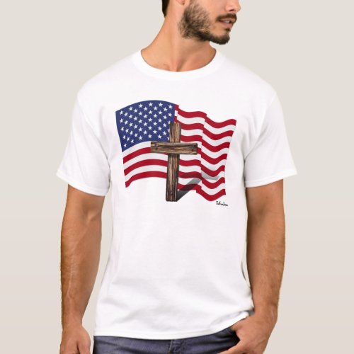 American Flag Waving and Rugged Cross T_Shirt