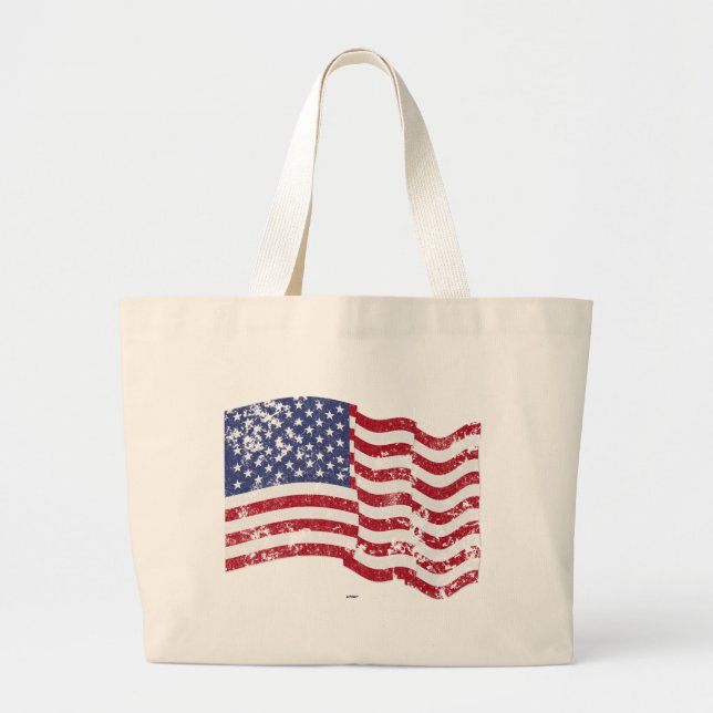 American Flag Waving - Distressed Large Tote Bag (Front)