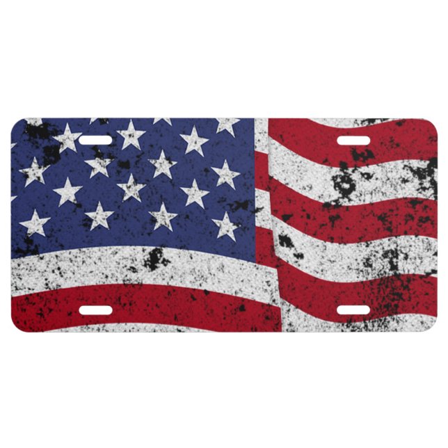 American Flag Waving - Distressed License Plate (Front)