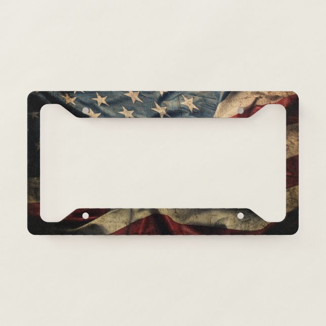 American Flag Waving Fabric Design License Plate Frame (Front)
