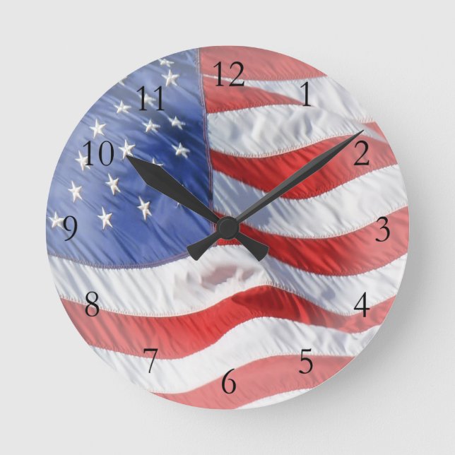 American Flag, Waving in Wind Round Clock (Front)
