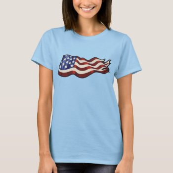 American Flag Waving (red Ringer) Ladies T-shirt by MaxQproducts at Zazzle