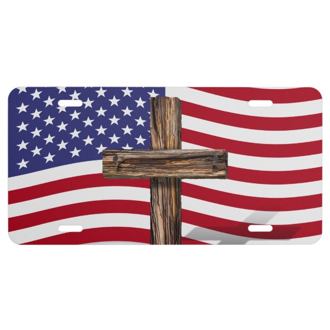 American Flag Waving With Rugged Cross License Plate (Front)