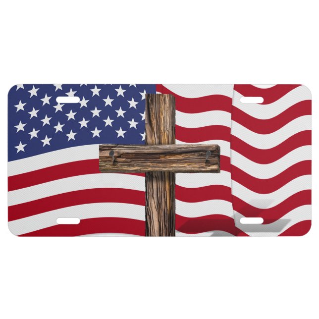 American Flag Waving With Rugged Cross License Plate (Front)