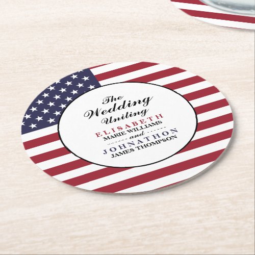 American Flag Wedding Round Paper Coaster