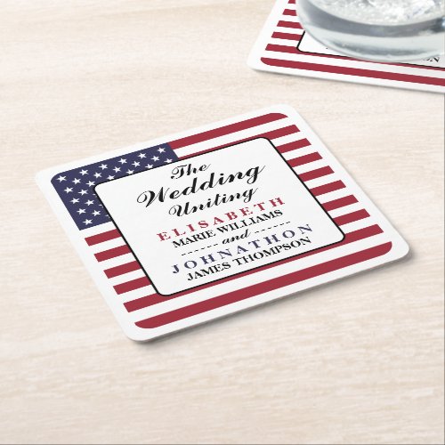 American Flag Wedding Square Paper Coaster
