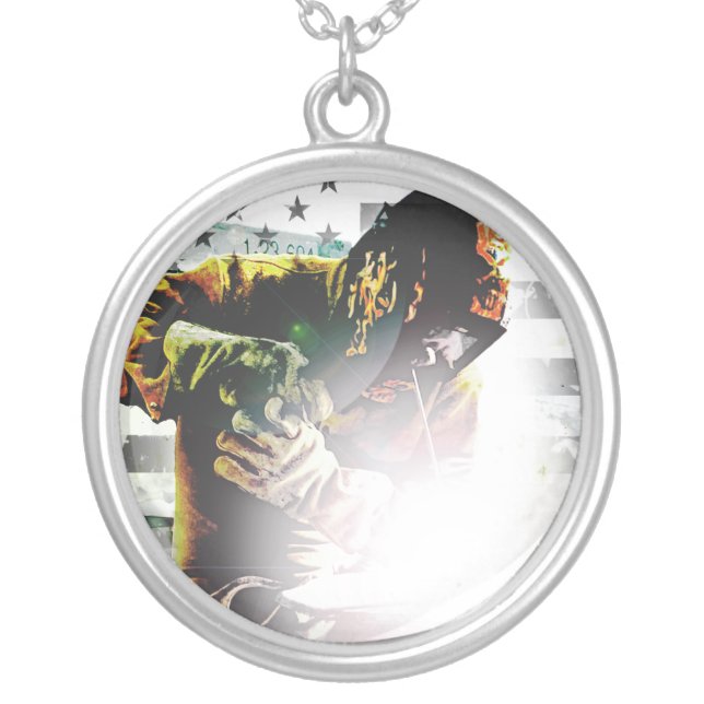 American Flag Welder Silver Plated Necklace (Front)