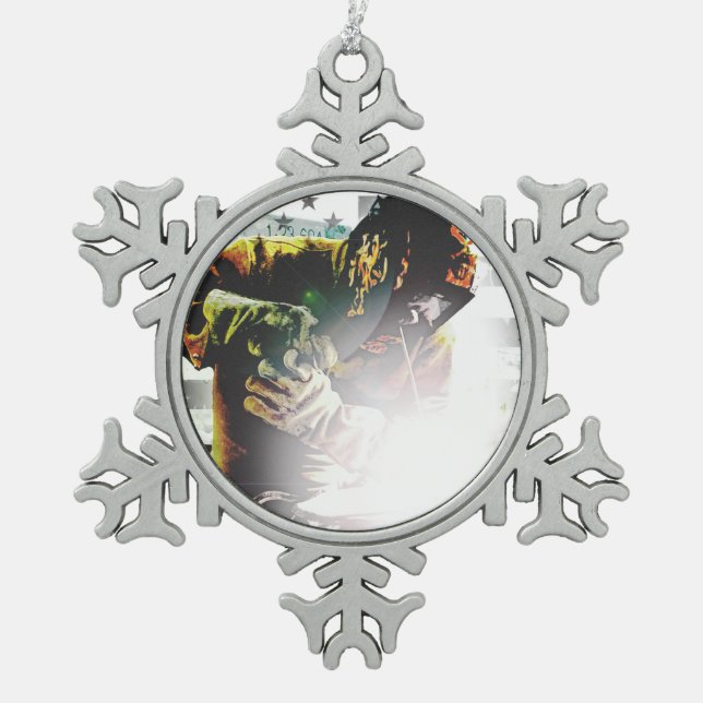 American Flag Welder Snowflake Pewter Christmas Ornament (Front)