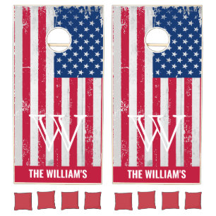 American Flag White Wood Rustic Cornhole Set