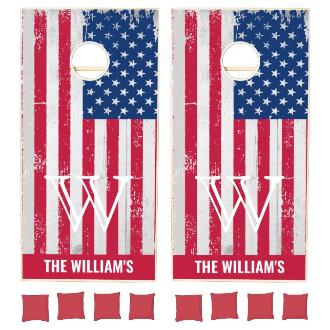 American Flag White Wood Rustic Cornhole Set (Set)