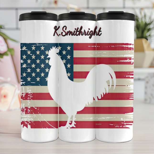 American Flag with a White Rooster Thermal Tumbler (Creator Uploaded)
