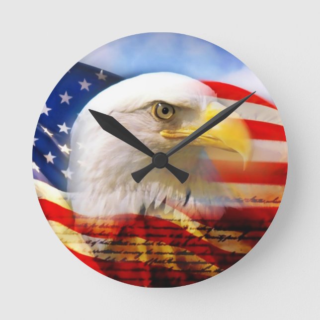 American Flag with Bald Eagle Round Clock (Front)