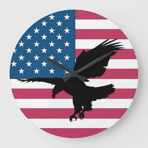 American Flag With Bald Eagle Silhouette Large Clock