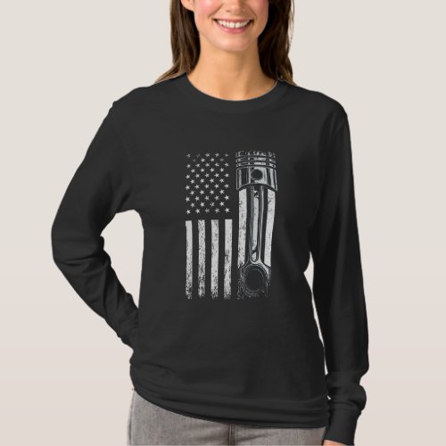 American Flag With Car Engine Piston  Graphic Desi T_Shirt