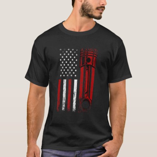 American Flag With Car Engine Piston  Graphic Desi T_Shirt