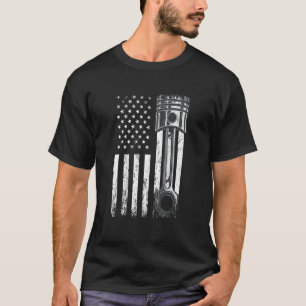 American Flag With Car Engine Piston Novelty Graph T-Shirt