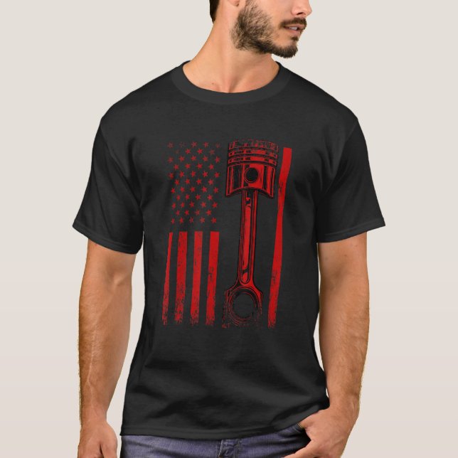 American Flag With Car Engine Piston Novelty Graph T-Shirt (Front)