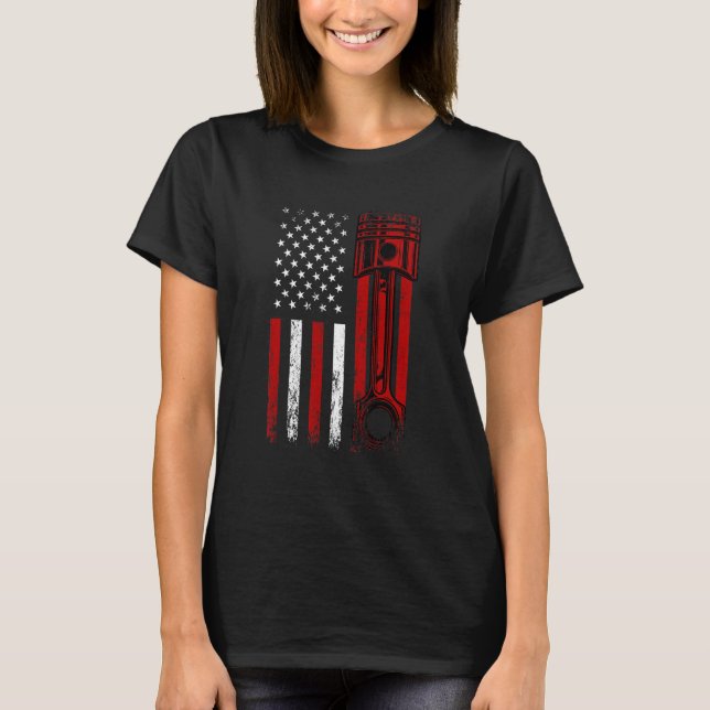American Flag With Car Engine Piston Novelty Graph T-Shirt (Front)