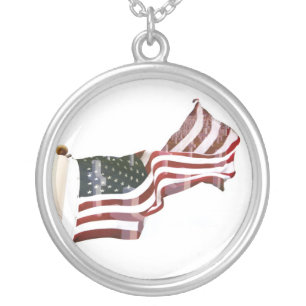 American Flag with Crosses Silver Plated Necklace