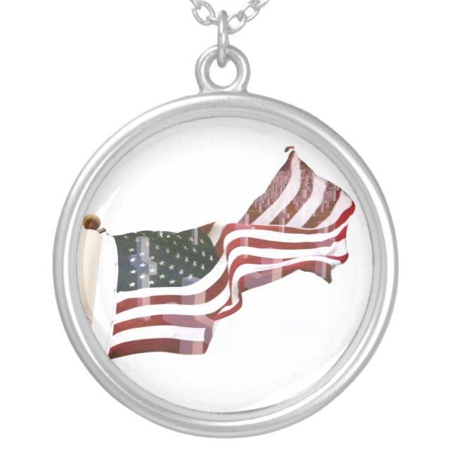 American Flag with Crosses Silver Plated Necklace (Front)