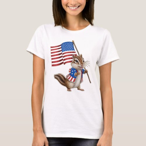 American Flag with Cute Cartoon Chipmunk T_Shirt