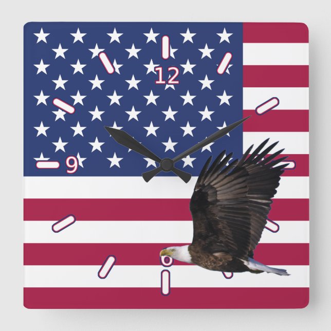 American Flag with Eagle Clock (Sq With Numbers) (Front)