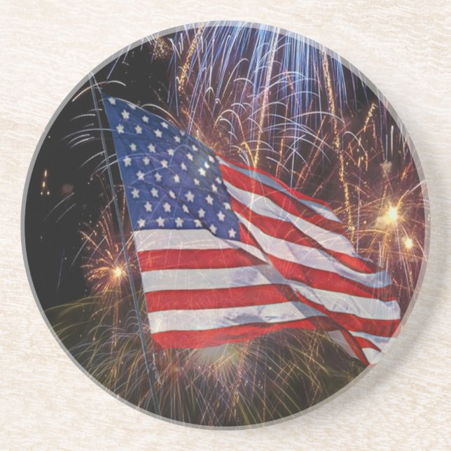 American Flag With Fireworks Background Design Sandstone Coaster (Front)