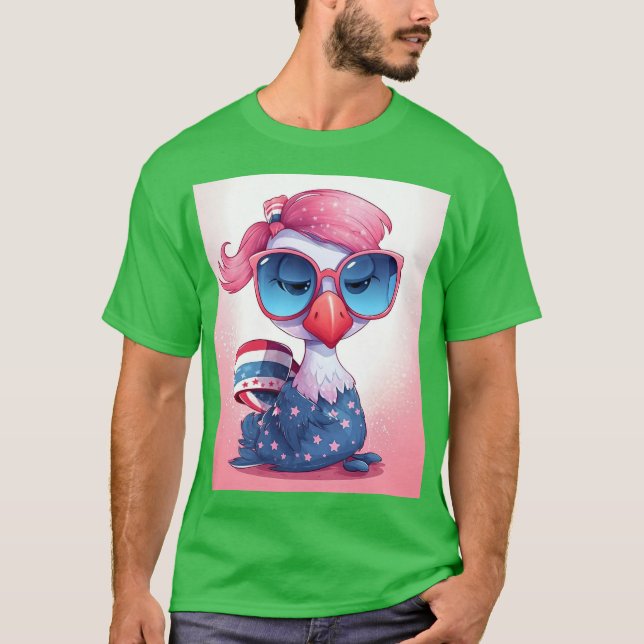 American Flag with Flamingo Cartoon-14484 T-Shirt (Front)