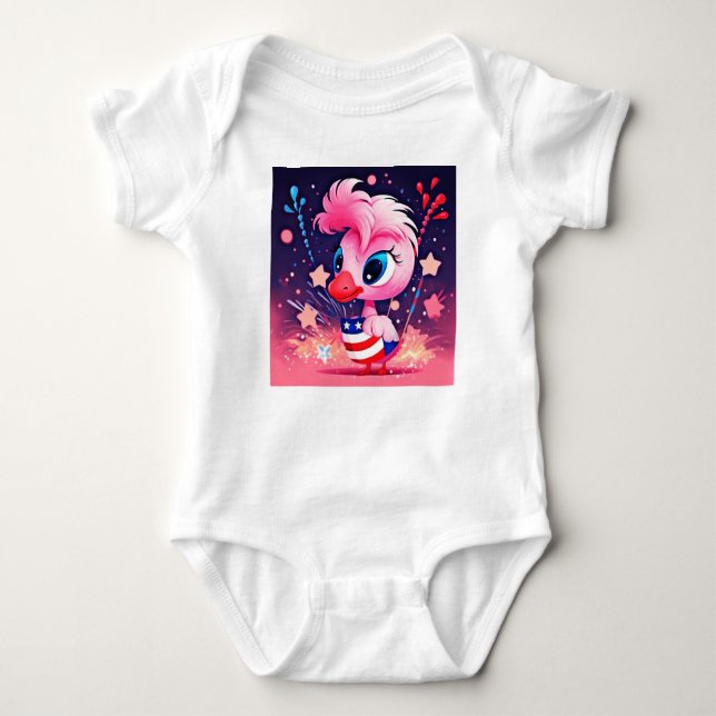 American Flag with Flamingo Cartoon-69216 Baby Bodysuit (Front)