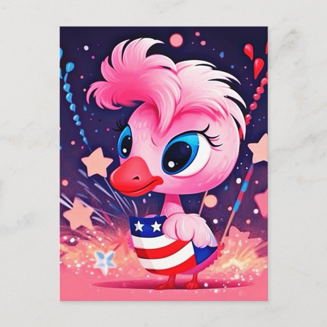 American Flag with Flamingo Cartoon-69216 Postcard (Front)