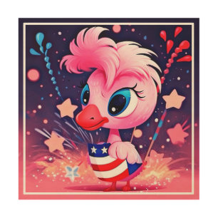 American Flag with Flamingo Cartoon-69216 Wood Wall Art