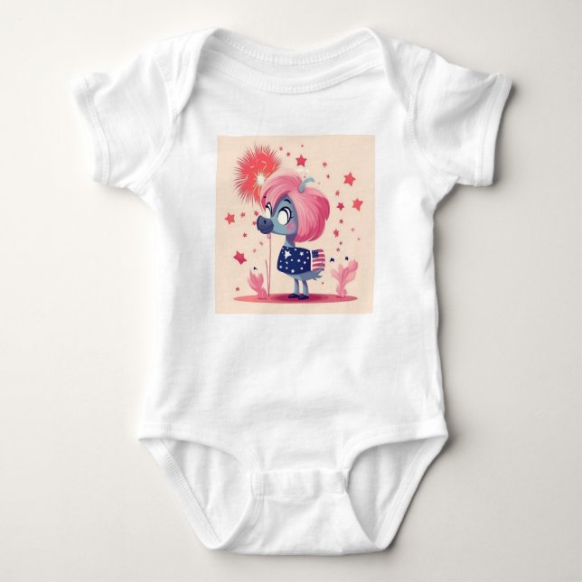 American Flag with Flamingo Cartoon-69219 Baby Bodysuit (Front)