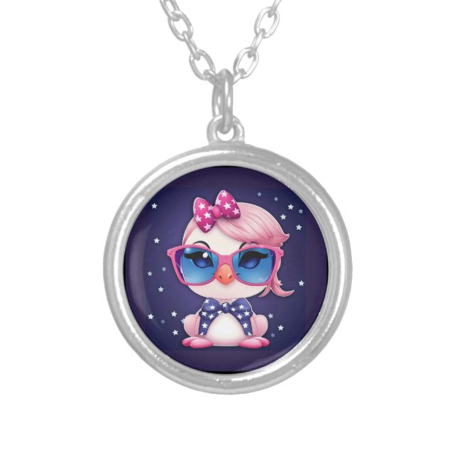American Flag with Flamingo Cartoon-69680 Silver Plated Necklace (Front)
