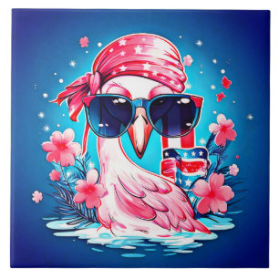 American Flag with Flamingo Cartoon-69681 Ceramic Tile