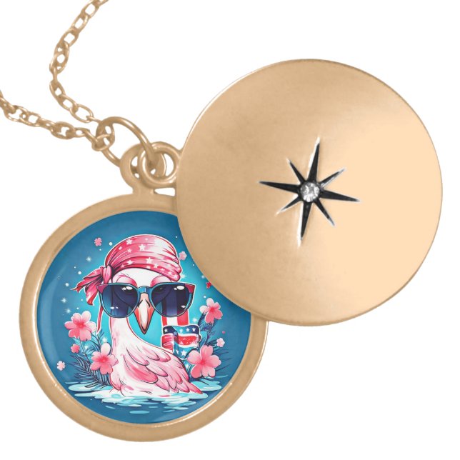 American Flag with Flamingo Cartoon-69681 Gold Plated Necklace (Front)