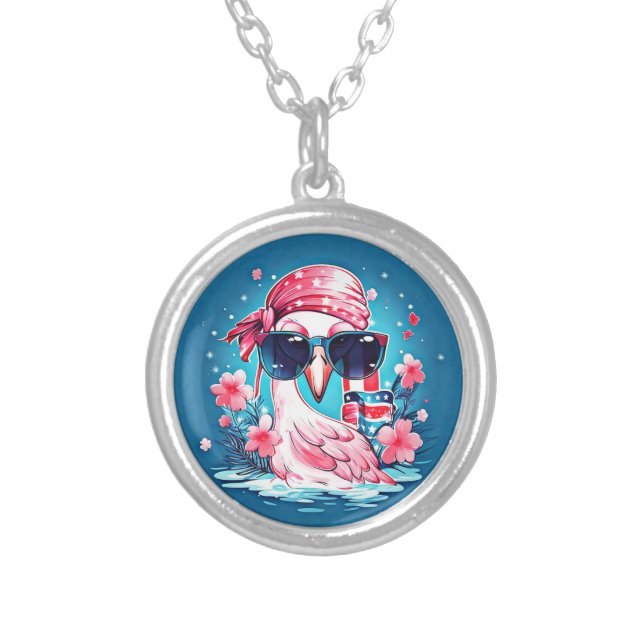 American Flag with Flamingo Cartoon-69681 Silver Plated Necklace (Front)