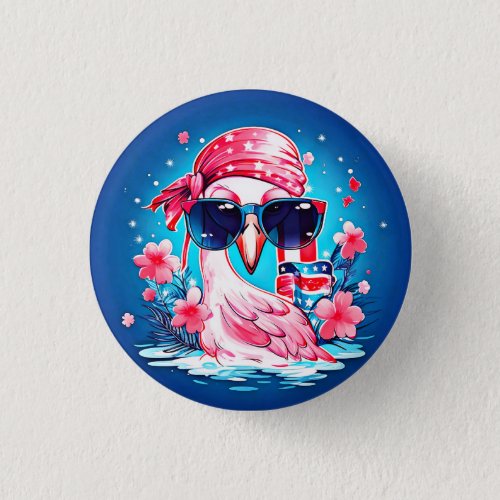 American Flag with Flamingo Cartoon  Button