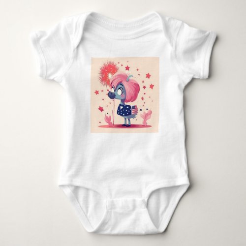 American Flag with Flamingo Cartoon  Metal Print Baby Bodysuit