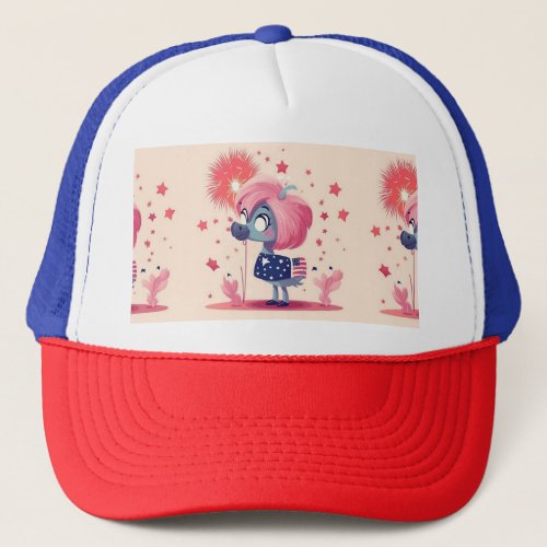American Flag with Flamingo Cartoon  Metal Print Trucker Hat